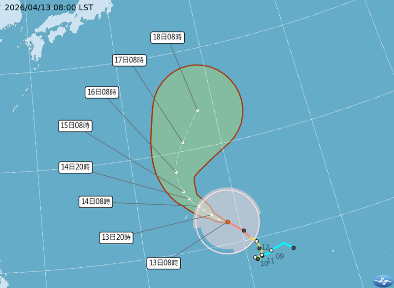今年風王候選人「辛樂克」預估將在遠洋北轉，對東亞陸地不會有直接影響。（圖擷自中央氣象署）