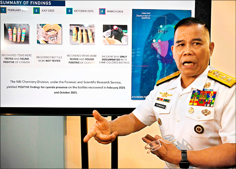 菲律賓海軍發言人崔尼代指出，菲軍去年2月、7月和10月在來自中國漁船的舢板上，查獲10瓶氰化物，上月還目擊另一組中國舢板船員在仁愛暗沙的附近水域投毒。（法新社）