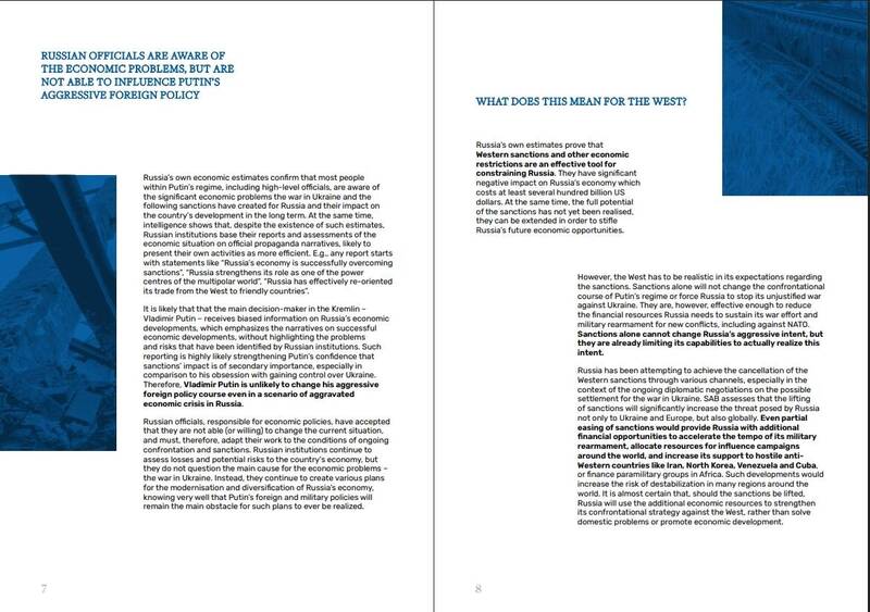 报告最后点出，制裁无法改变普丁政权的对抗路线，也无法停止俄罗斯侵略乌克兰，但有效削弱俄国维持战争，以及包括对北约在内新冲突的军事整备财政资源。（撷取自拉脱维亚宪法保护局官网）