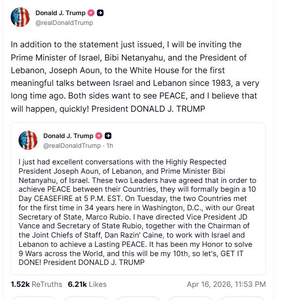 美国总统川普在社群平台「Truth Social」上宣布以色列、黎巴嫩同意停火10天。（撷自「Truth Social」）