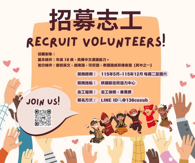 桃園市新住民培力中心志工招募 即起開放報名到額滿為止