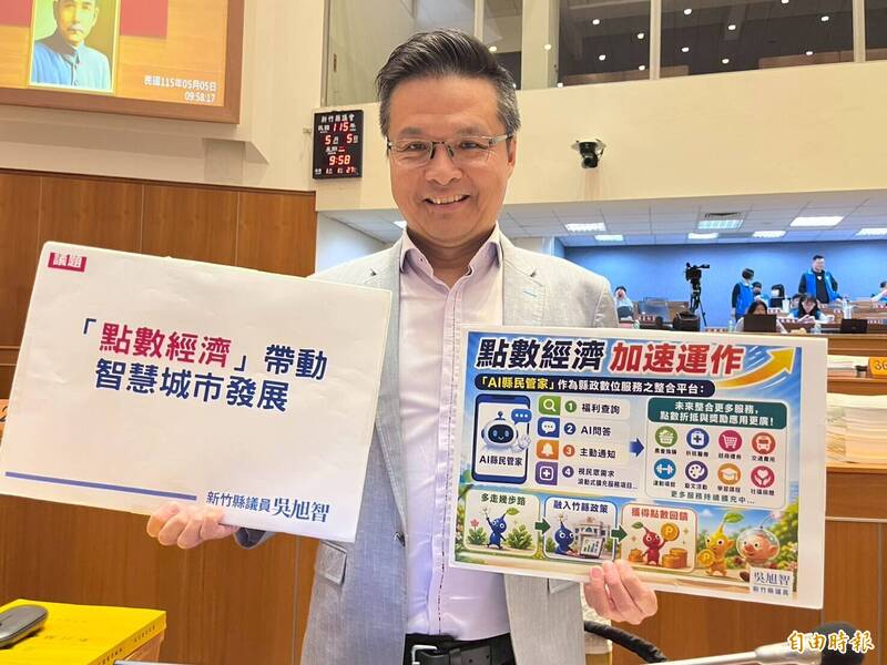 新竹縣議員吳旭智要求縣長楊文科,全力推動AI的同時也納入發展點數經濟。(記者黃美珠攝) 新竹縣議員吳旭智要求縣長楊文科,全力推動AI的同時也納入發展點數經濟。(記者黃美珠攝)