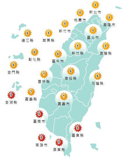 今日各地紫外線指數預報概況。（圖擷取自中央氣象署）