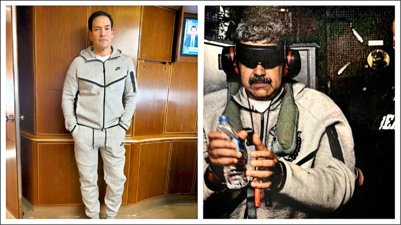 魯比歐在總統專機「空軍1號」上穿著一套Nike Tech灰色運動服，類似委內瑞拉前總統馬杜羅今年1月被美軍逮捕時的穿著，隨即引發議論。（取自X）