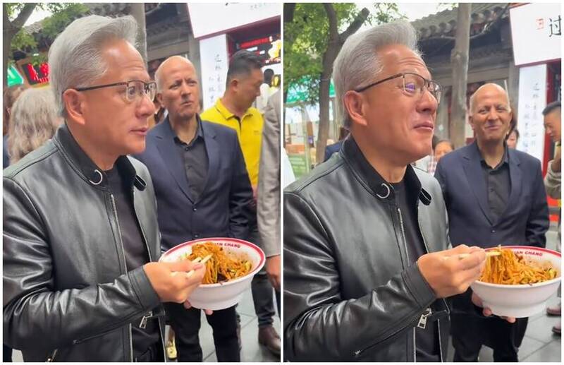 黃仁勳北京吃炸醬麵被拆台!秒飆台語「毋免供啊」 引網熱議