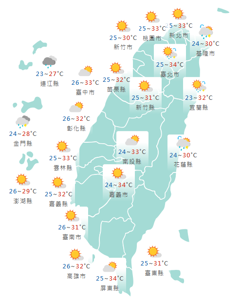 今日各地天氣預報概況。（圖擷自中央氣象署網站）