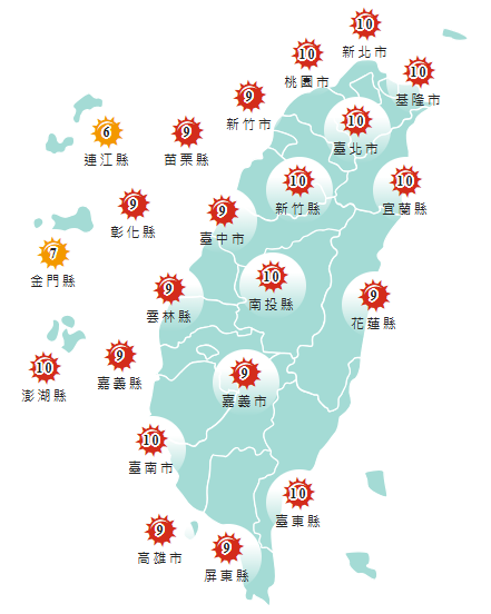 今日各地紫外線指數預報概況。（圖擷自中央氣象署網站）