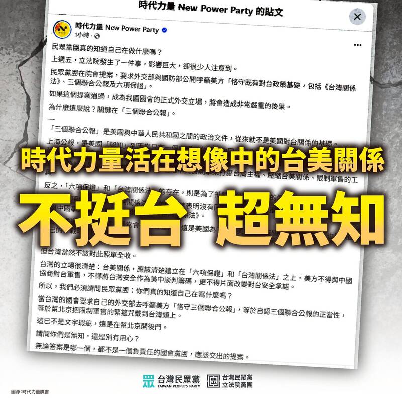 遭時力批提案是替台戴上軍售「緊箍咒」民眾黨:顯示對國際現實無知