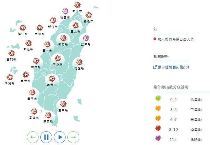 紫外線指數方面,各地指數都偏高,桃園市、宜蘭縣高達「危險級」,其他縣市「過量級」。(擷取自中央氣象署網站)