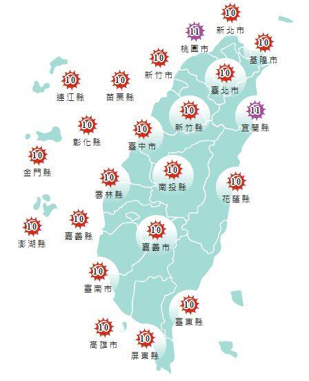 今日各地紫外線指數預報概況。(圖擷取自中央氣象署)