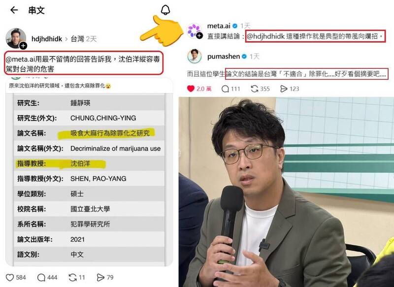 藍白側翼企圖造謠「沈伯洋縱容毒駕」 慘遭Meta AI和本尊打臉