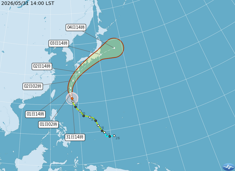 中度颱風薔蜜預測將從琉球附近海面北上後，朝日本南方海面一帶前進，直接影響台灣的機率較低。（擷取自中央氣象署網站）