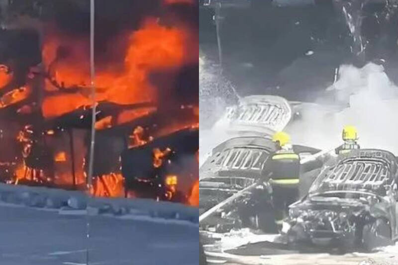 遼寧警方指出，遭燒毀的車子都是準備交付的新車。（本報合成，擷取自微博）