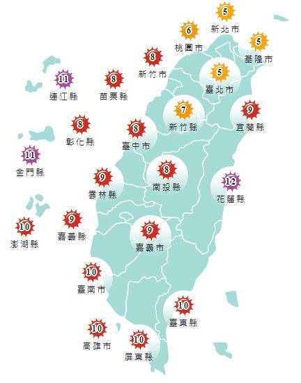 今日各地紫外線指數預報概況。（圖擷取自中央氣象署）