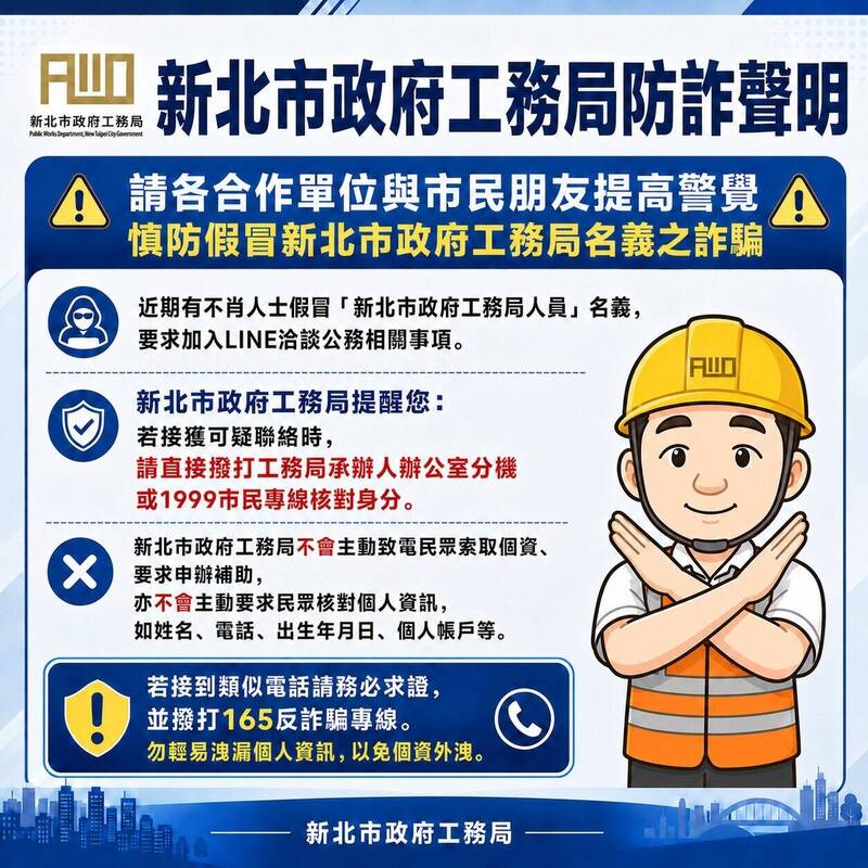 遭冒名來電、加LINE騙個資 新北工務局急報警阻詐