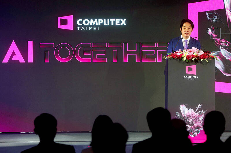 President William Lai speaks at the opening ceremony of the annual Computex Taipei trade show yesterday.
Photo: Tsai Hsin-han, Reuters