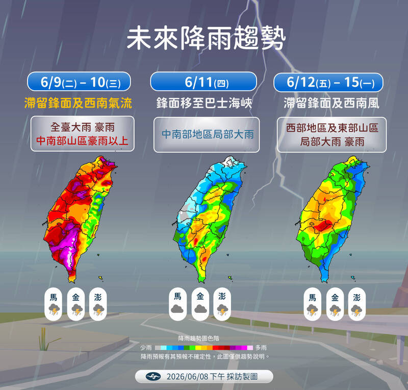 明天天氣/週二三雨更大更猛!全台幾乎「下到發紫」