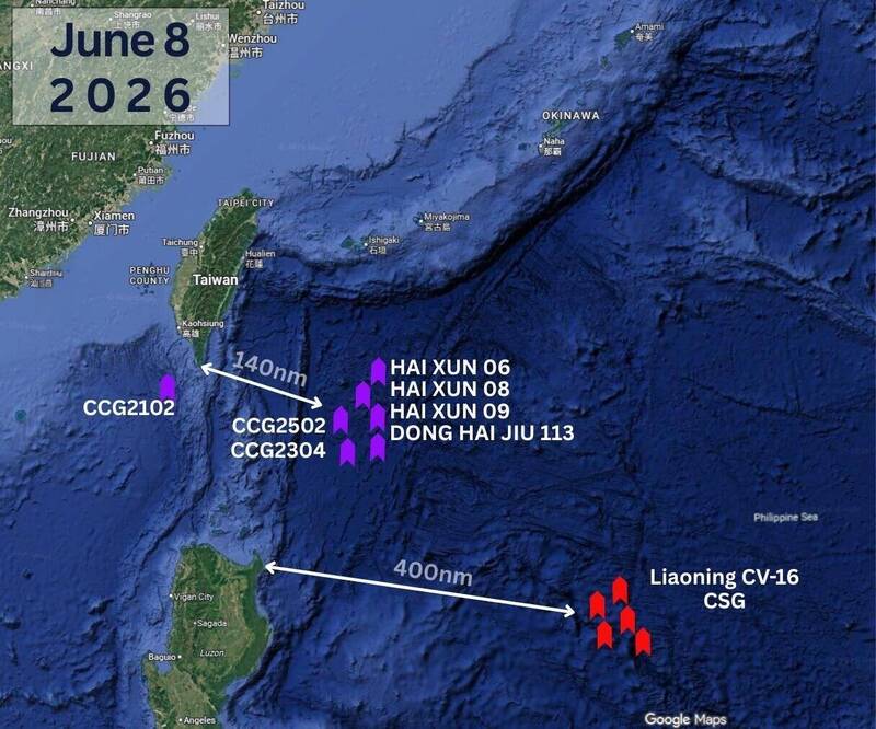 根據吳釗燮公布的圖資，中共6艘船艦8日集結在台灣東部約140海里處活動。（圖擷取自X平台＠Joseph Wu）