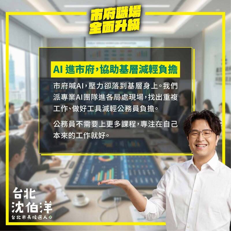 體恤北市府公務員！ 沈伯洋：每局處配「AI專人」、擴大彈性工時