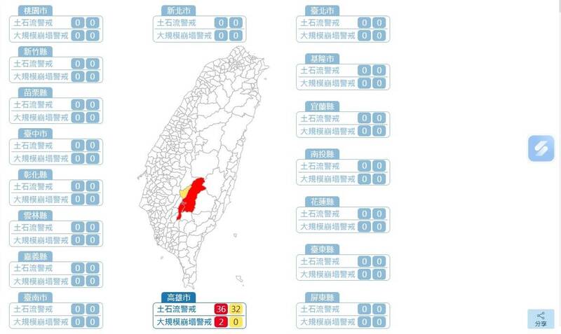 高雄桃源、六龜區  農業部發布土石流與大規模崩塌紅色警戒