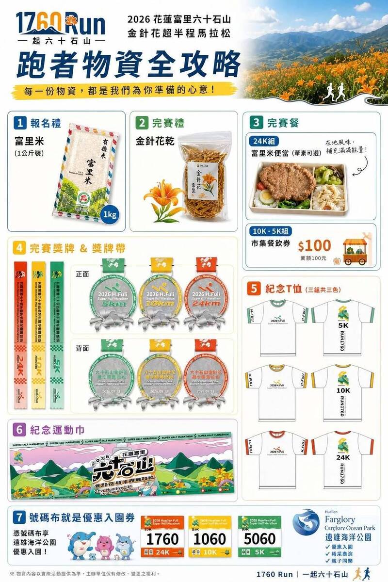 六十石山馬拉松提供美味富里米餐盒,獎牌及紀念T都融入在地特色。(圖由富里鄉公所提供) 六十石山馬拉松提供美味富里米餐盒,獎牌及紀念T都融入在地特色。(圖由富里鄉公所提供)