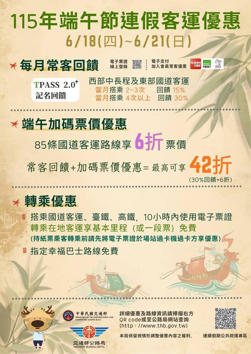 民眾於6月18日至21日搭乘指定85條國道客運路線可享6折優惠,搭配TPASS 2.0+最高可享42折。(中壢監理站提供) 民眾於6月18日至21日搭乘指定85條國道客運路線可享6折優惠,搭配TPASS 2.0+最高可享42折。(中壢監理站提供)