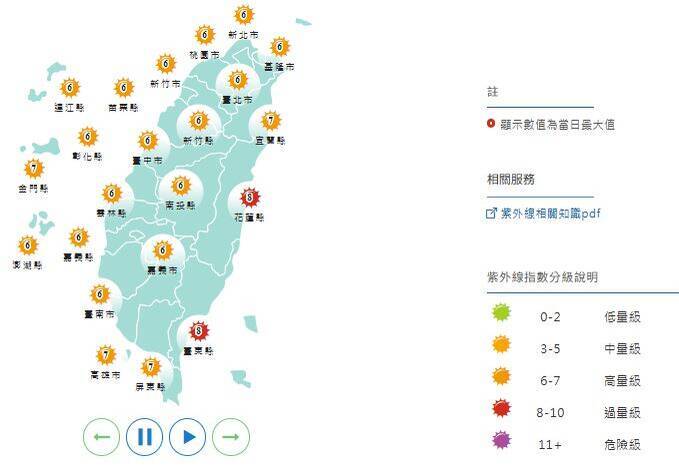 紫外線指數部分，花蓮縣、台東縣達過量級，其他縣市為高量級。（擷取自中央氣象署網站）