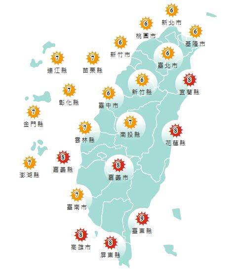 週三的紫外線指數,基隆、新北、台北、桃園、新竹、苗栗、台中、雲林、南投、彰化、台南、澎湖、金門、連江為「高量級」,其餘縣市皆為「過量級」。(擷取自中央氣象署網站) 週三的紫外線指數,基隆、新北、台北、桃園、新竹、苗栗、台中、雲林、南投、彰化、台南、澎湖、金門、連江為「高量級」,其餘縣市皆為「過量級」。(擷取自中央氣象署網站)