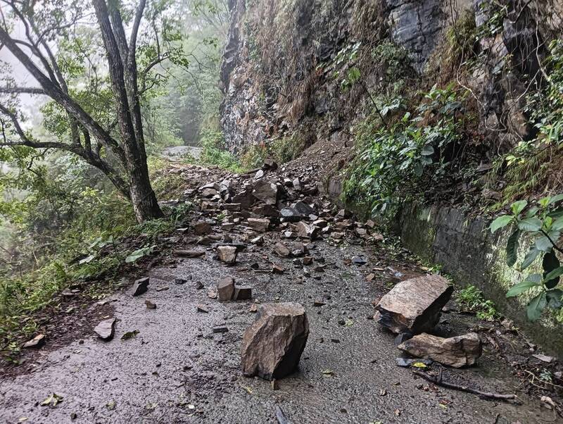 郡大林道1.9公里路段上週發生崩塌，提醒林道復通後，仍要小心路況。（林保署南投分署提供）