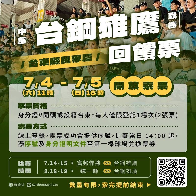 台鋼雄鷹暑期台東主場4場賽事 7/4開放縣民索票