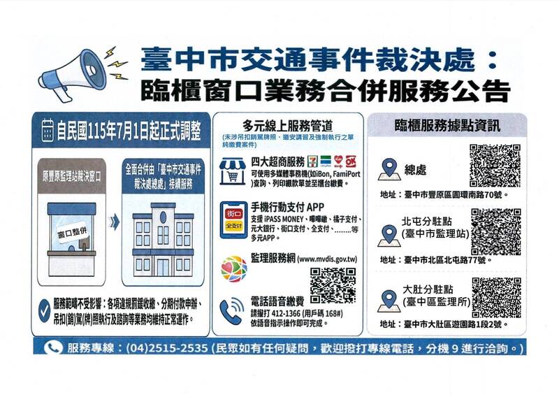 豐原監理站交通事件裁決處7月裁撤惹民怨 中市交通局:暫緩實施