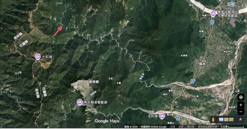 花蓮縣萬里溪上游深山形成堰塞湖，林業保育署花蓮分署緊急啟動評估。（翻攝GOOGLE地圖）