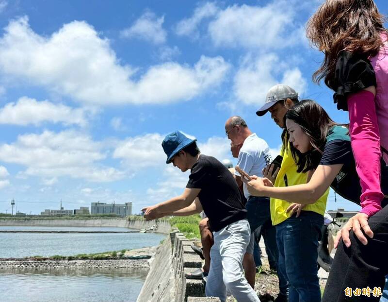 立委劉建國（左1）邀專家會勘受災文蛤池。（記者鄭旭凱攝）