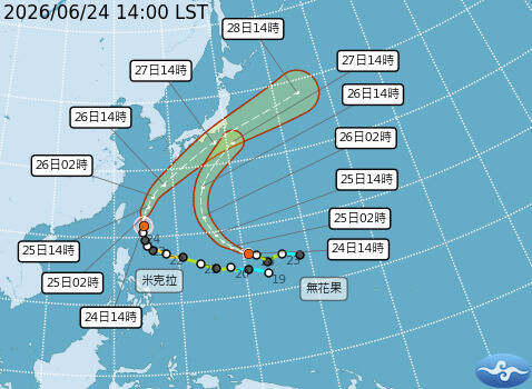 米克拉、無花果颱風路徑潛勢預報。(圖由氣象署提供) 米克拉、無花果颱風路徑潛勢預報。(圖由氣象署提供)