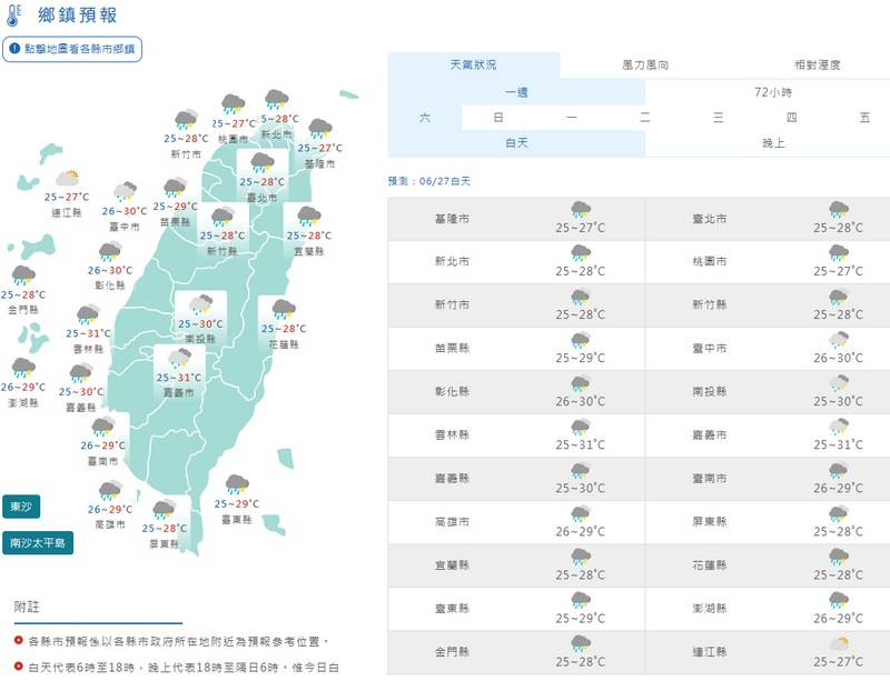 溫度方面，週六各地高溫約27至29度，低溫約25至26度。（擷取自氣象署）