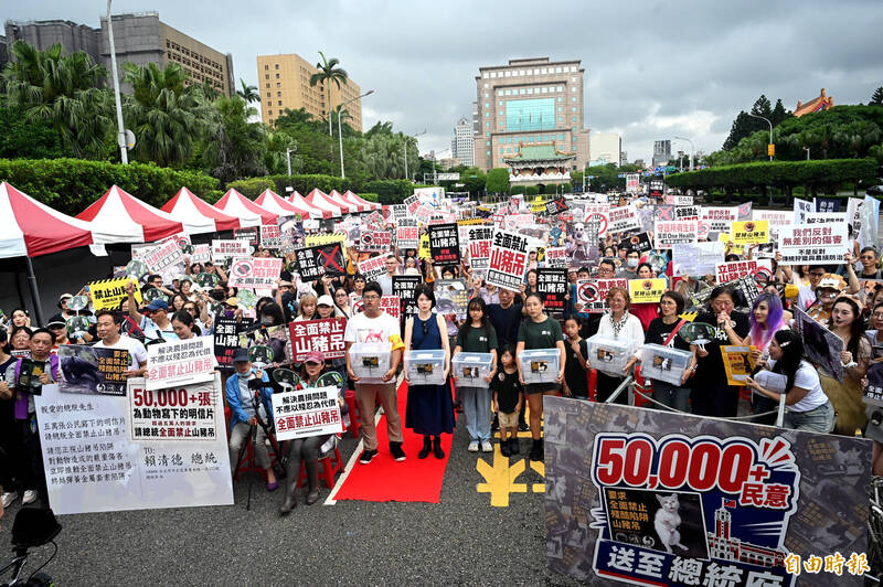 「解套山林，護佑生靈」627凱道集會，將5萬張明信片送交總統府，呼籲全面禁止山豬吊。（記者王藝菘攝）