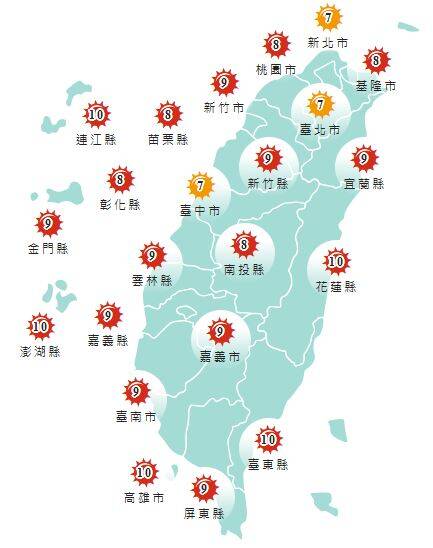 今日各地紫外線指數預報概況。（圖擷取自中央氣象署）