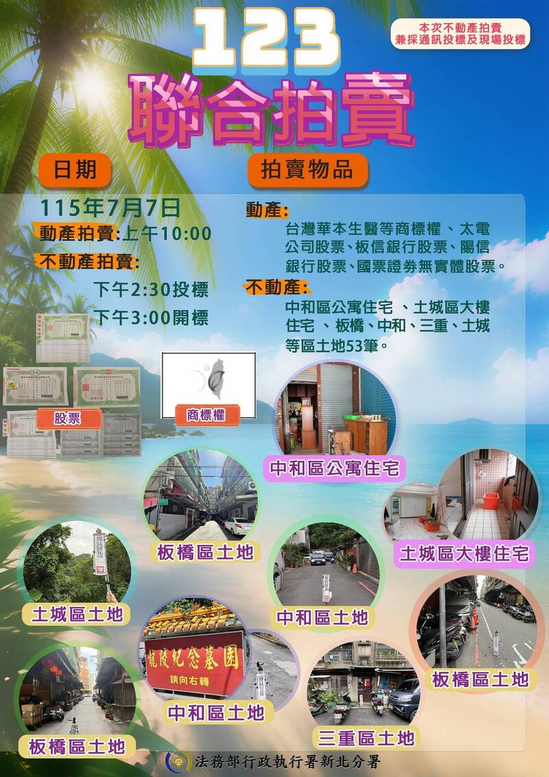 新北分署7月份拍賣會 推出中和公寓1樓及土城電梯大樓住宅