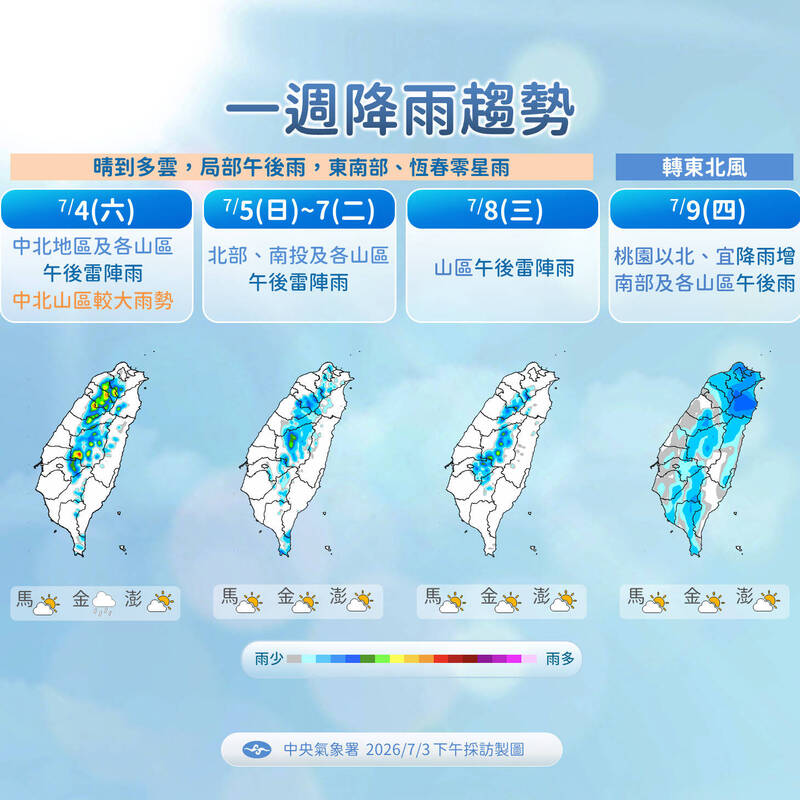 1週降雨趨勢。（圖由氣象署提供）