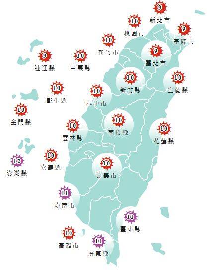 今日各地紫外線指數預報概況。(圖擷取自中央氣象署)