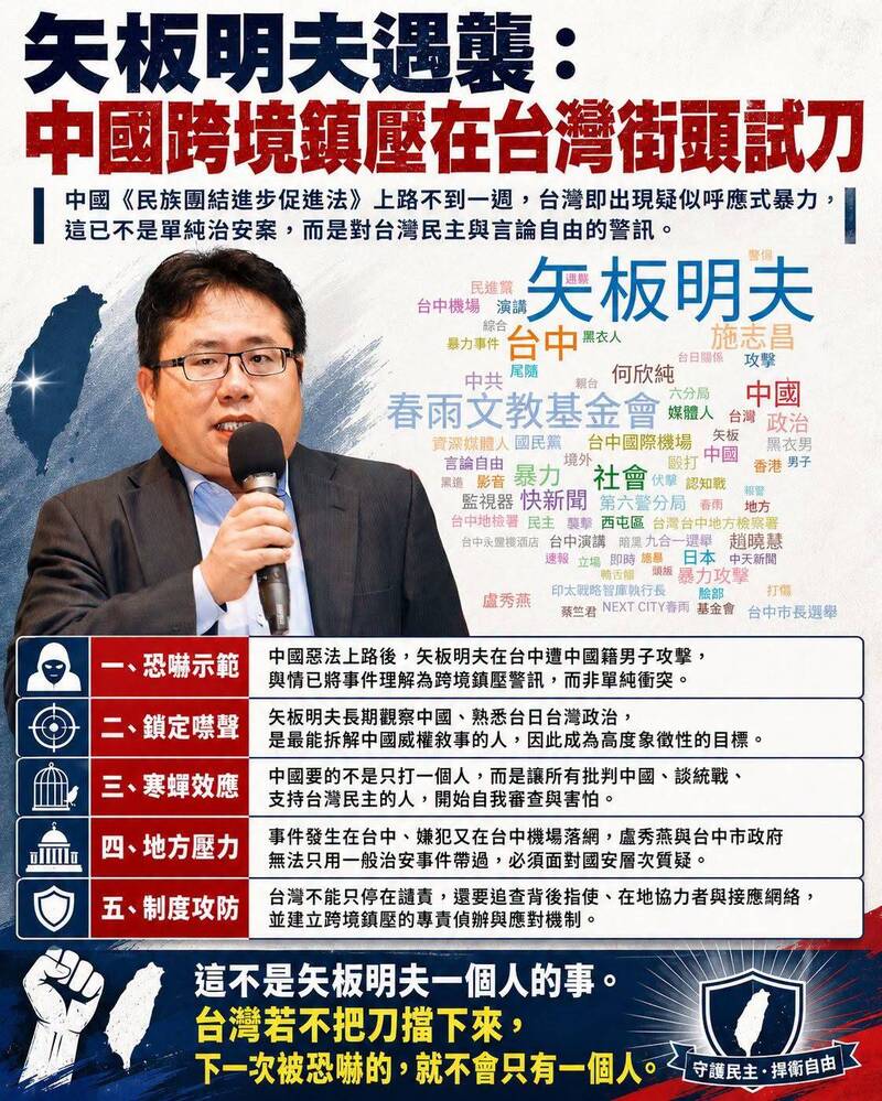 矢板明夫遇襲是在警告3類人! 粉專:測試台灣社會是否害怕、沉默