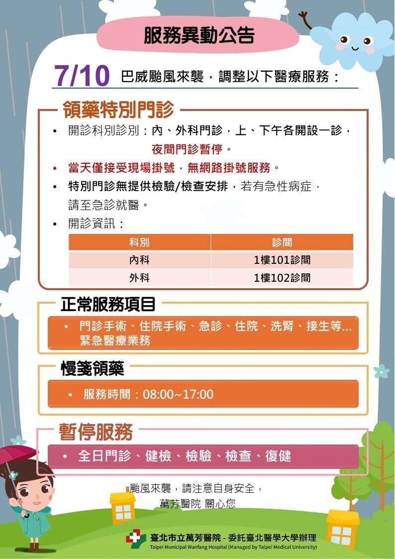 巴威來襲 台北萬芳醫院明日醫療異動