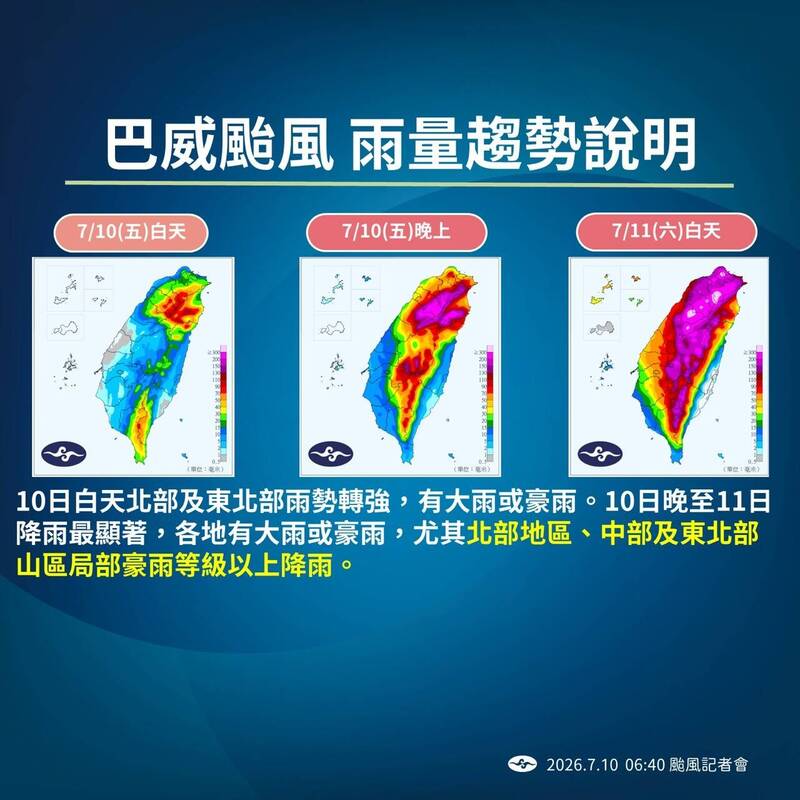 巴威颱風雨量趨勢說明。(圖由氣象署提供) 巴威颱風雨量趨勢說明。(圖由氣象署提供)