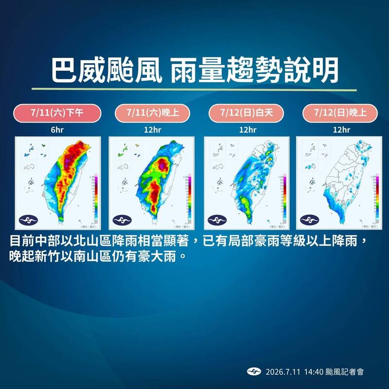 巴威颱風雨量趨勢說明。（氣象署提供）