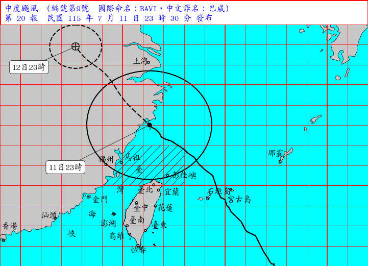 中颱巴威強度減弱又縮小 台灣本島已脫離暴風圈