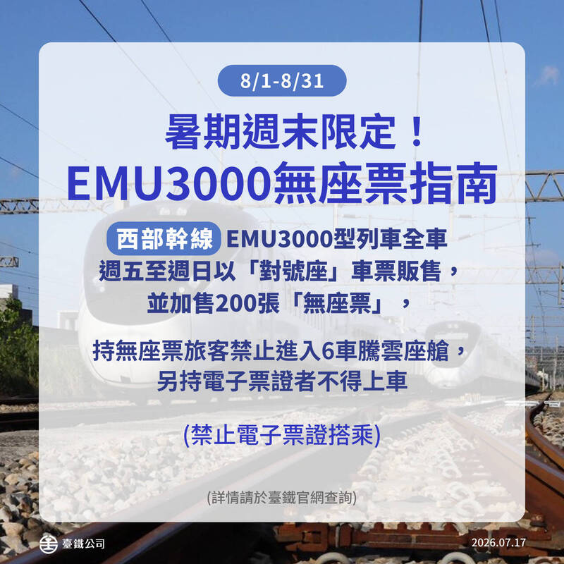 8月「週五至週日」，西部幹線EMU3000型全車對號座售票。（台鐵公司提供）