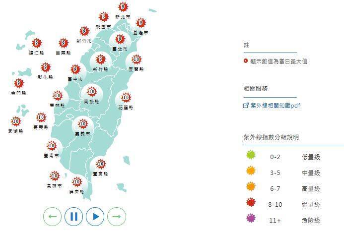 紫外線指數方面,週一各地皆為「過量級」。(擷取自中央氣象署網站)