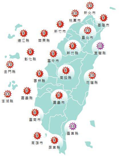 今日各地紫外線指數預報概況。(圖擷取自中央氣象署)