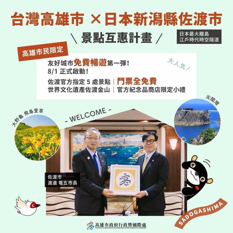 高雄、佐渡啟動景點互惠計畫。(行國處提供) 高雄、佐渡啟動景點互惠計畫。(行國處提供)