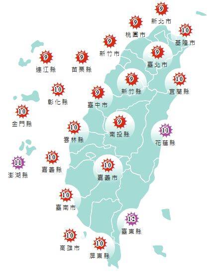 今日各地紫外線指數預報概況。(圖擷取自中央氣象署)